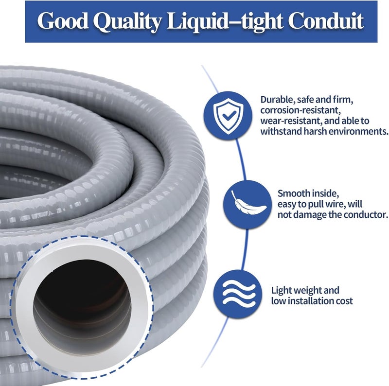 Geowaky 1/2 Inch 10 FT Liquid-Tight Conduit and Connector Kit Non Metallic Flexible Conduit Electrical Kit - 1 Straight and 1 Angle Fittings Included for Electrical Wiring - Image 3